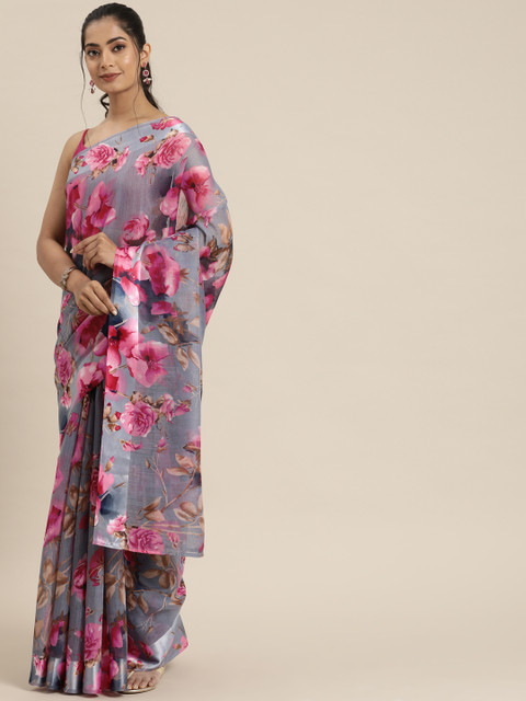 

Inddus Grey & Pink Cotton Blend Floral Printed Saree