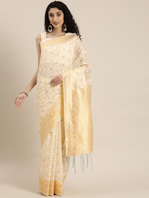 

Inddus Off-White & Golden Cotton Blend Checked Saree