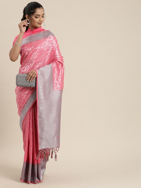

Inddus Pink & Silver-Coloured Silk Blend Woven Design Saree
