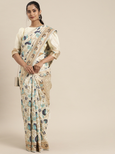 

Inddus Off-White & Blue Silk Blend Woven Design Saree