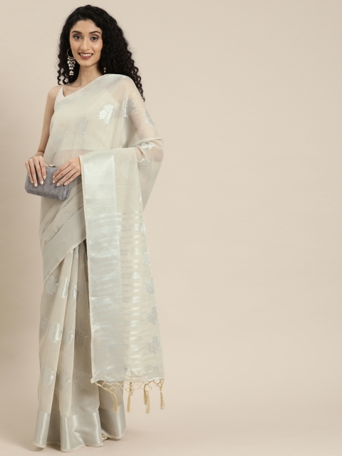 

Inddus Grey & Silver-Coloured Linen Blend Woven Design Saree