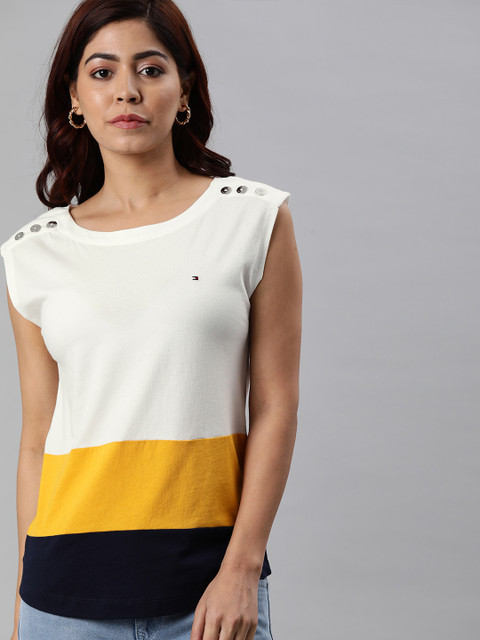 

Tommy Hilfiger Women White & Yellow Colourblocked Sleeveless Top