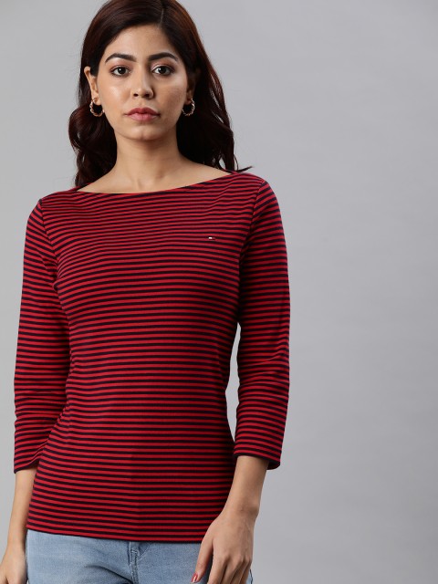 

Tommy Hilfiger Women Red & Navy Blue Striped Boat Neck T-shirt