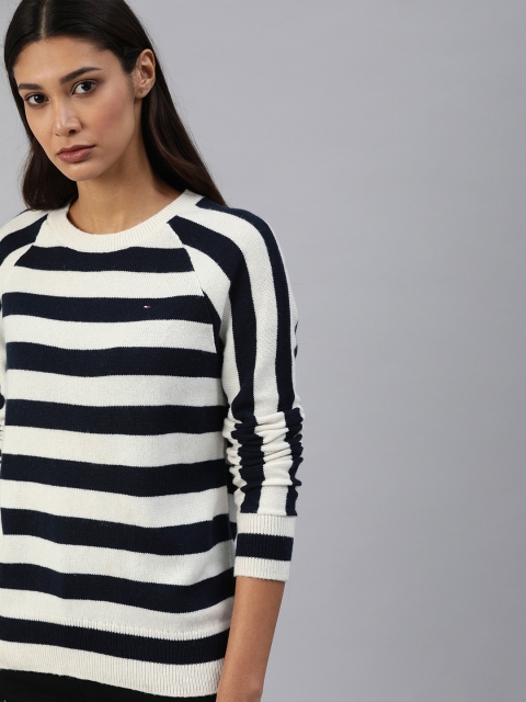 

Tommy Hilfiger Women Navy Blue & White Striped Pullover Sweater