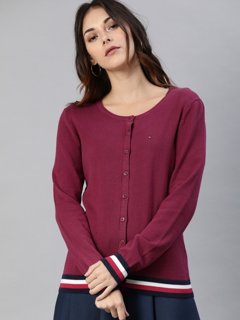 

Tommy Hilfiger Women Magenta Pink Solid Cardigan Sweater With Striped Hem