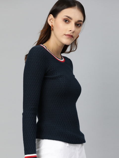 

Tommy Hilfiger Women Navy Blue Self Design Cable knit Pullover Sweater