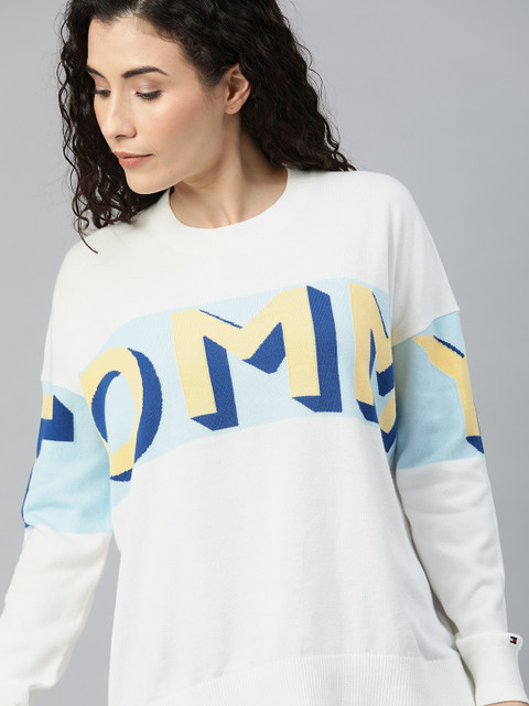 

Tommy Hilfiger Women White Typographic Woven Design Pullover Sweater