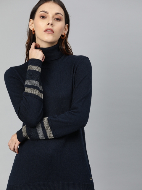 

Tommy Hilfiger Women Navy Blue Solid Pullover Sweater with Stripe Detail