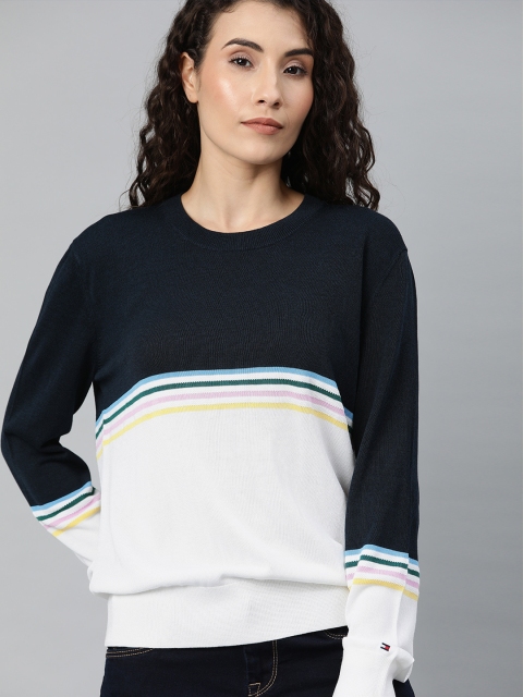 

Tommy Hilfiger Women Navy Blue Colourblocked Pullover Blouson Sweater