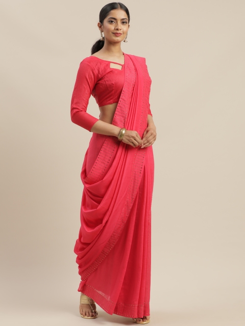 

Mitera Coral Pink Solid Poly Silk Saree