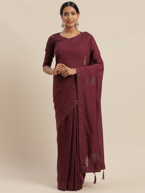 

Mitera Burgundy Solid Poly Silk Saree with Beads and Stones