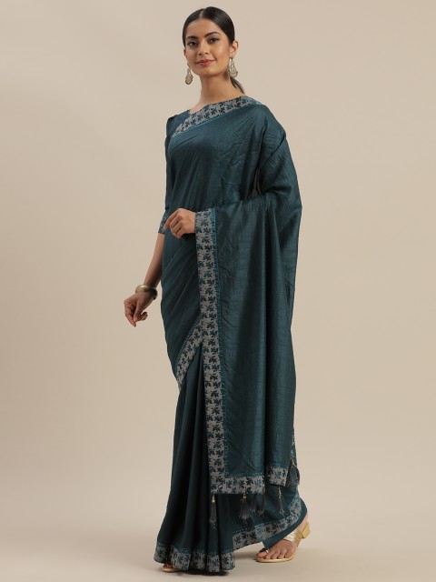 

Mitera Teal Green Solid Saree