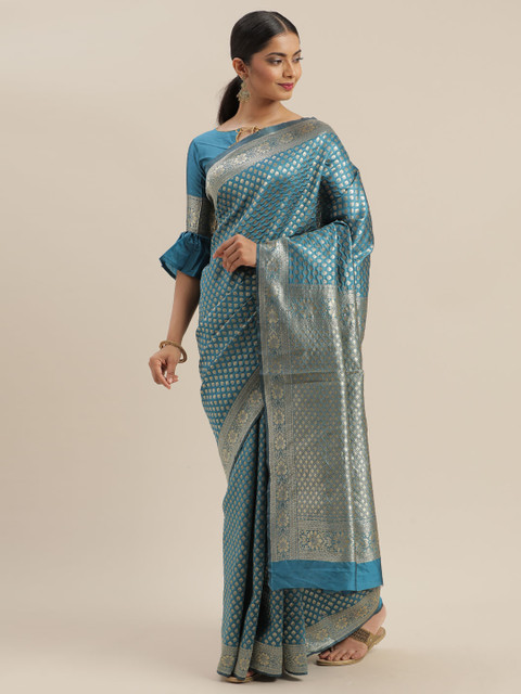 

Mitera Turquoise Blue & Beige Art Silk Woven Design Dharmavaram Saree
