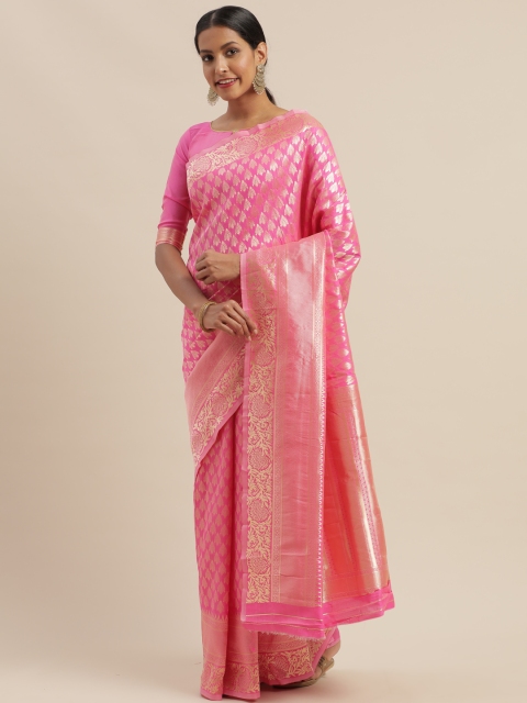 

Mitera Pink & Gold-Toned Art Silk Woven Design Dharmavaram Saree