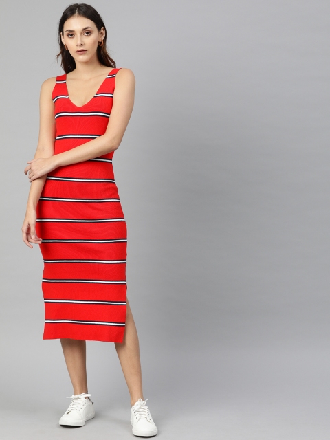 

Tommy Hilfiger Women Red & White Striped Side Slit Bodycon Dress