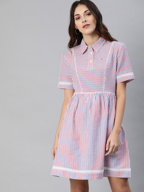 

Tommy Hilfiger Women White & Navy Striped Seersucker Fit and Flare Dress with lace Inserts
