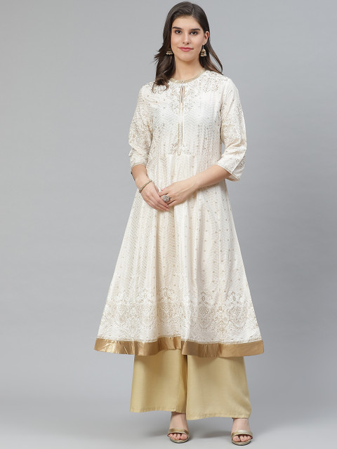 

W Women Off-White & Golden Ethnic Motifs Print Sequinned A-Line Kurta