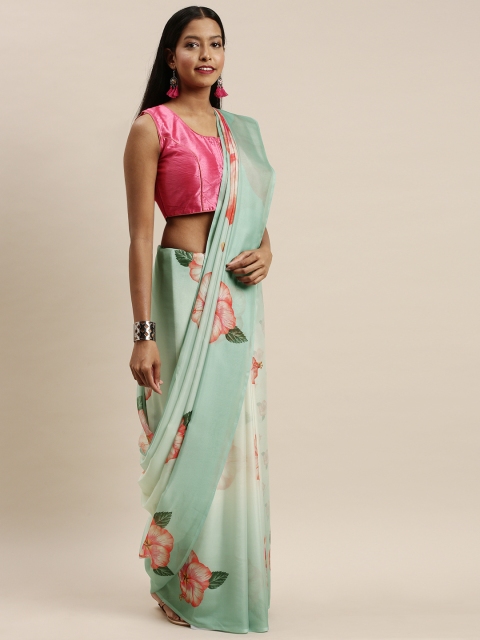 

VASTRANAND Turquoise Blue & Peach-Coloured Pure Silk Floral Printed Saree