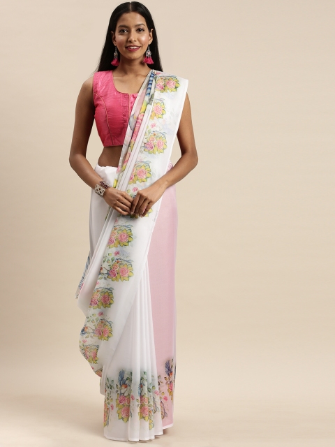 

VASTRANAND White & Yellow Pure Silk Floral Printed Saree