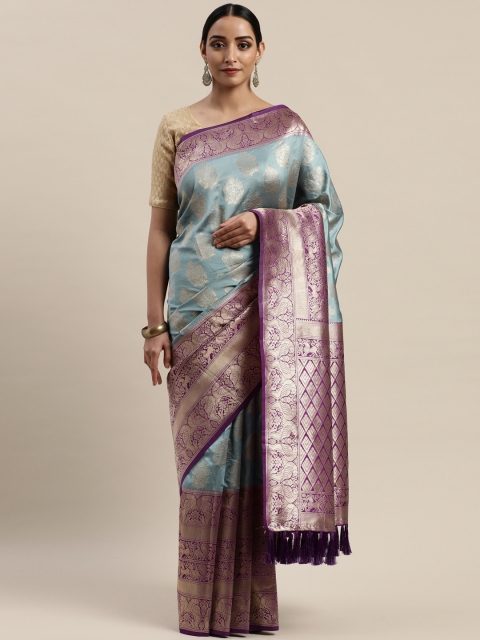 

VASTRANAND Grey & Purple Silk Blend Woven Design Banarasi Saree