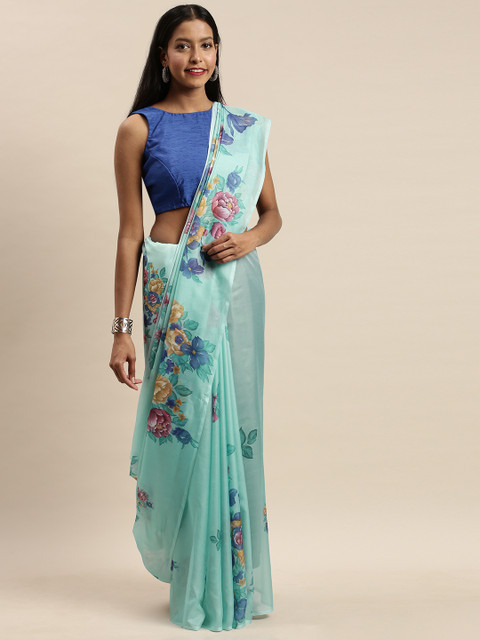 

VASTRANAND Blue Floral Printed Pure Silk Saree
