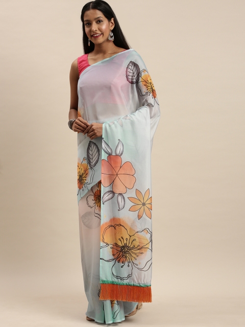 

VASTRANAND Blue & Yellow Pure Silk Floral Printed Saree