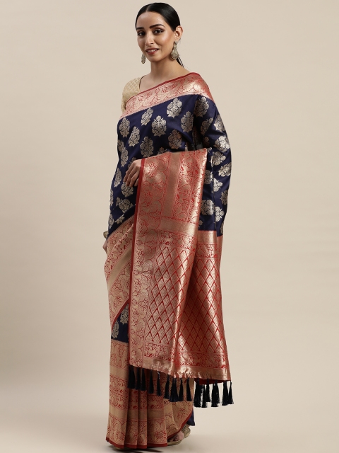 

VASTRANAND Navy Blue & Red Silk Blend Woven Design Banarasi Saree