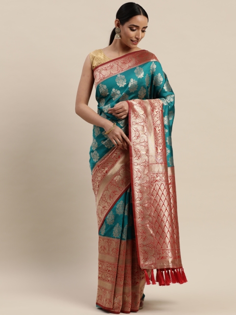 

VASTRANAND Teal Green & Red Silk Blend Woven Design Banarasi Saree
