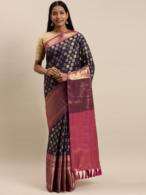 

VASTRANAND Navy Blue & Gold-Toned Silk Blend Woven Design Kanjeevaram Saree