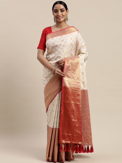 

VASTRANAND Off-White & Golden Silk Blend Woven Design Banarasi Saree