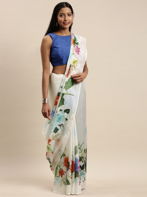

VASTRANAND White & Green Pure Silk Floral Printed Saree