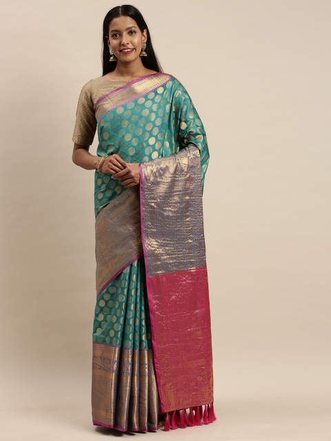 

VASTRANAND Green & Pink Silk Blend Woven Design Banarasi Celebrity Saree