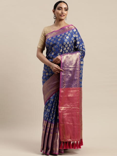 

VASTRANAND Blue & Gold-Toned Silk Blend Woven Design Kanjeevaram Saree