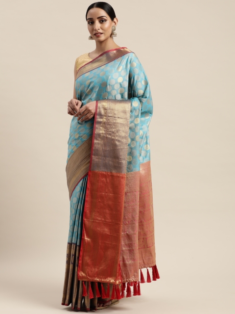 

VASTRANAND Turquoise Blue & Red Silk Blend Woven Design Kanjeevaram Saree