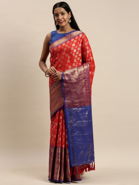 

VASTRANAND Red & Gold-Toned Silk Blend Woven Design Kanjeevaram Saree