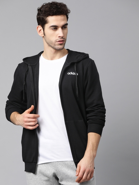 

ADIDAS Men Black Essentials Linear French Terry Full-Zip Printed Back Hooded Sweatshirt