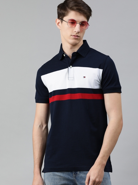 

Tommy Hilfiger Men Navy Blue & White Striped Polo Collar T-shirt