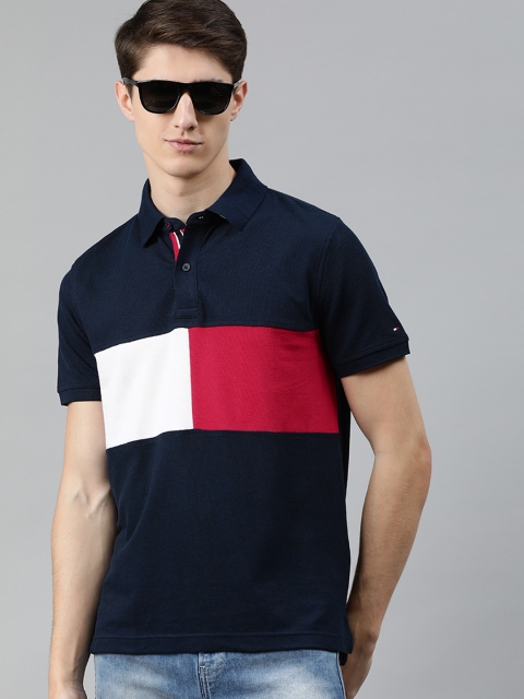 

Tommy Hilfiger Men Navy Blue & Red Colourblocked Polo Collar T-shirt