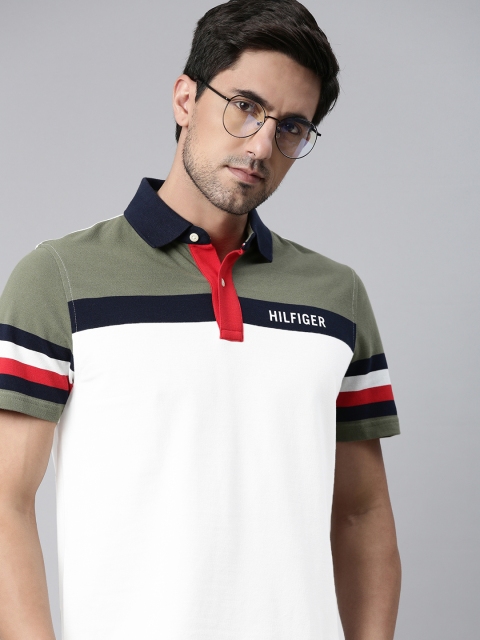 

Tommy Hilfiger Men Olive Green & White Colourblocked Polo Collar T-shirt