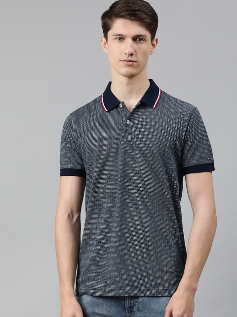 

Tommy Hilfiger Men Navy Blue Micro Ditsy Printed Polo Collar T-shirt