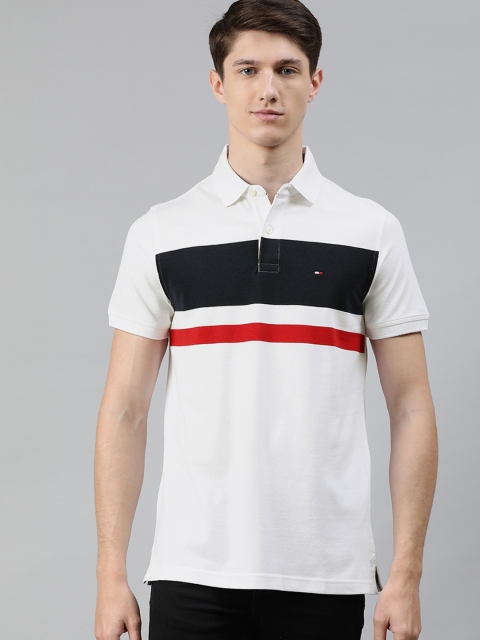 

Tommy Hilfiger Men White Striped Polo Collar Pure Cotton T-shirt