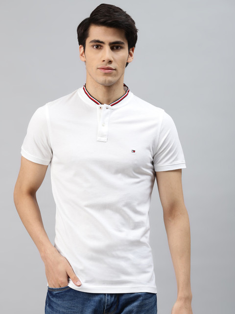 

Tommy Hilfiger Men White Brand Logo Mandarin Collar Slim Fit T-shirt