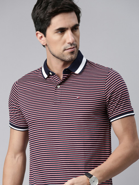 

Tommy Hilfiger Men Navy Blue & White Striped Polo Collar T-shirt