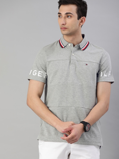 

Tommy Hilfiger Men Grey Solid Panelled Polo Collar T-shirt with Logo Print