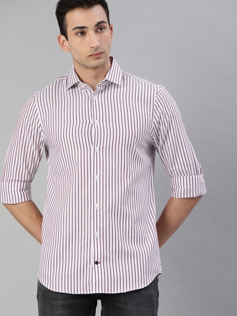 

Tommy Hilfiger Men White & Maroon Slim Fit Striped Casual Shirt