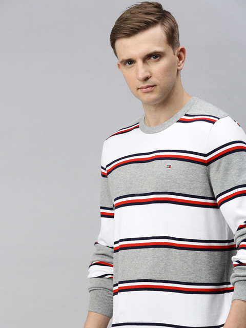 

Tommy Hilfiger Men White & Grey Melange Striped Pullover Sweater