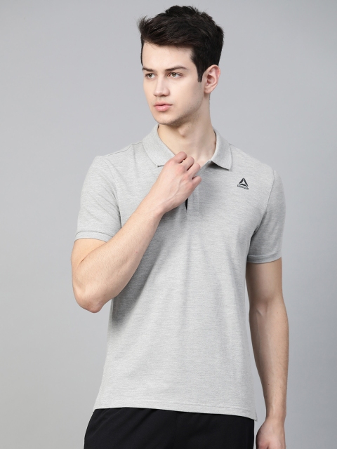 

Reebok Men Grey Melange Foundation Cotton Solid Polo Collar Training T-shirt