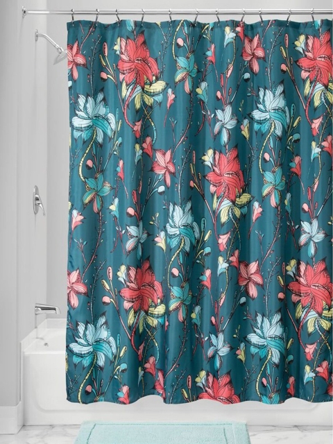 

INTERDESIGN Multicolored Floral Print Shower Curtain with 12 Piece Hooks, Blue