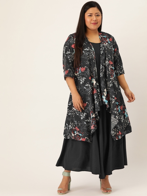 

Revolution Plus Size Women Black Solid Maxi Dress With Floral Printed Shrug