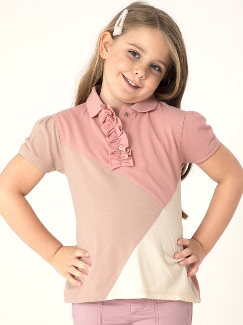 

Cherry Crumble Girls Pink & Cream-Coloured Colourblocked Polo Collar Pure Cotton T-shirt